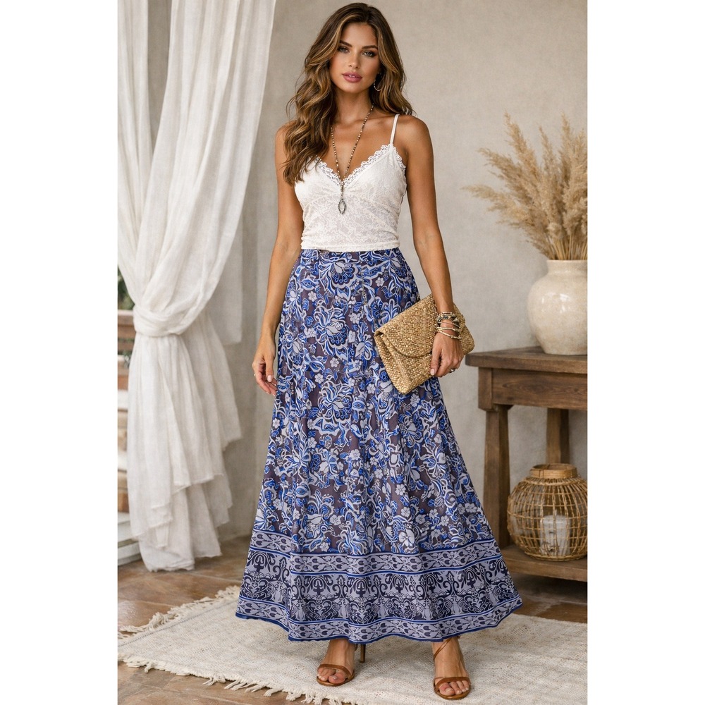 Magnolia Grace Maxi Skirt‎ Womens S Blue Paisley Boho Festival Coastal Cruise